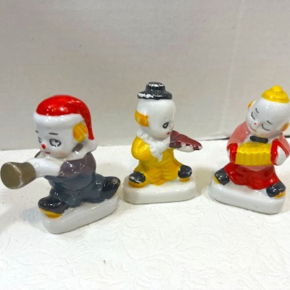 VTG 3 Piece Ceramic CLOWN BAND Figurines Violin Accordion Horn Musicians 3"